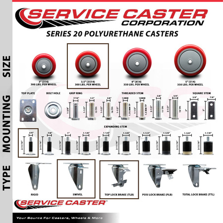 Service Caster 3.5'' SS Red Poly Swivel 3/4'' Expanding Stem Caster with Brake SCC-SSEX20S3514-PPUB-RED-TLB-34